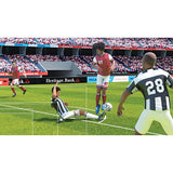 Soccer broadcast scene with stadium players and match footage display