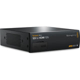 Black mini SDI to HDMI 12G converter box, side panel with port LEDs