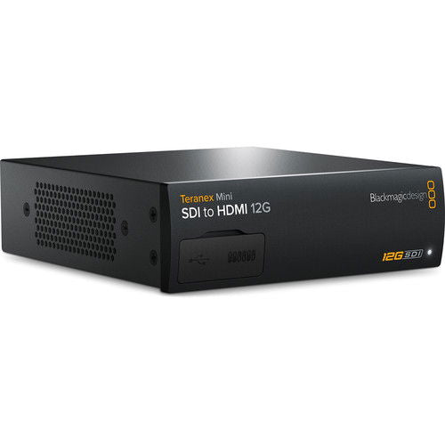 Black mini SDI to HDMI 12G converter box, side panel with port LEDs
