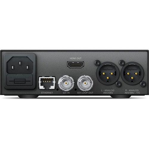 Rear panel of SDI-to-HDMI 12G converter: HDMI out, Ethernet, SDI in and loop out