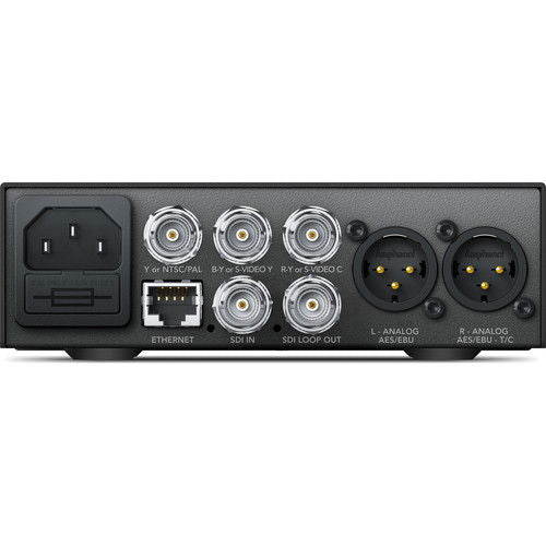 Rear panel of Teranex Mini SDI to Analog 12G converter showing SDI, Ethernet, and audio/video ports