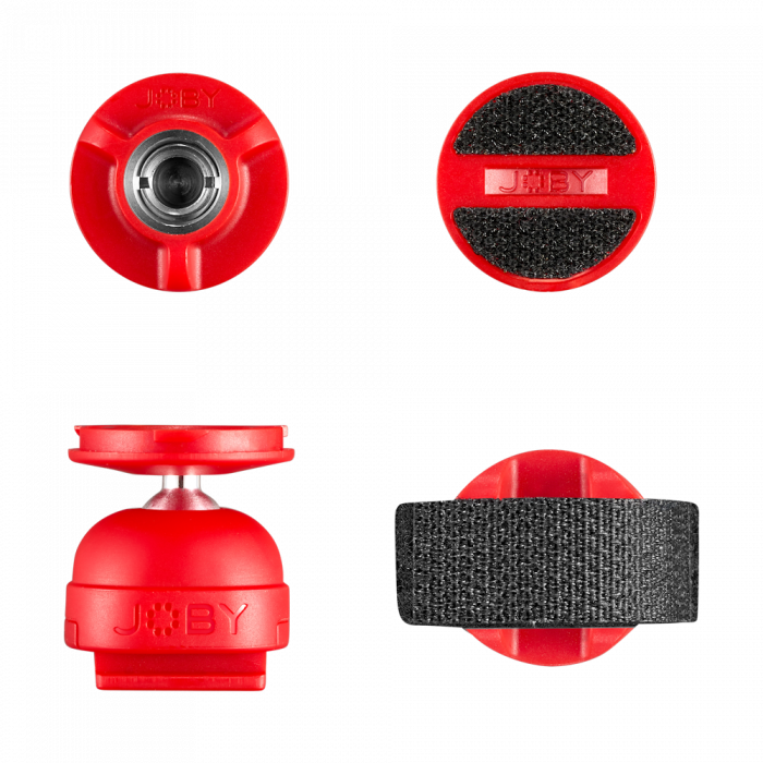 Red lavalier microphone mount caps with metal center and black foam windscreen pads