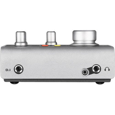 iD4 audio interface side view with silver knobs and D.I input plus headphone/output ports