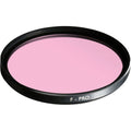 Circular camera lens filter with black rim, pink glass, marked “F-PRO”