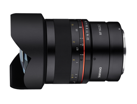 Black MF 14mm f/2.8 Nikon Z lens side view with ridged focus ring and markings