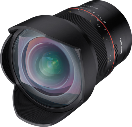 MF 14mm f/2.8 Nikon Z lens front element close-up with multicolor glare