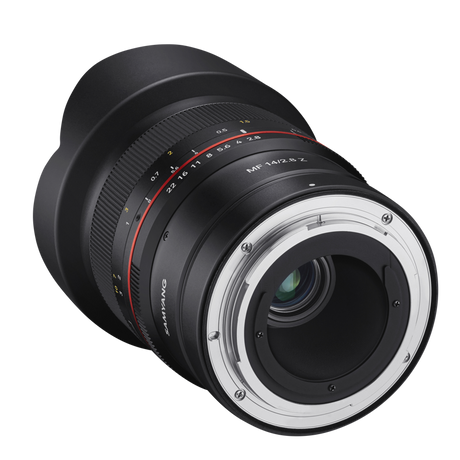 MF 14mm f/2.8 Nikon Z lens rear mount with silver contact ring, black housing
