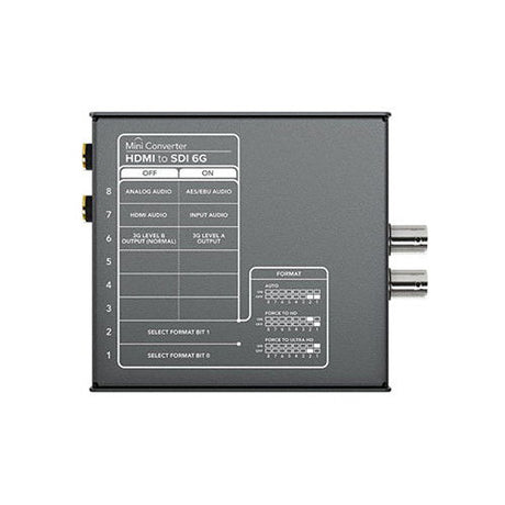 HDMI to SDI 6G mini converter rear panel with switch controls and BNC output ports