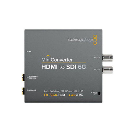 HDMI to SDI 6G mini converter showing HDMI input and stacked SDI output connectors