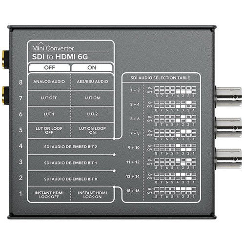 SDI to HDMI mini converter back panel with DIP switches and audio selection table