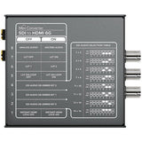 SDI to HDMI mini converter back panel with DIP switches and audio selection table