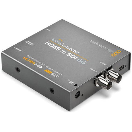 Black HDMI to SDI 6G mini converter with two BNC SDI ports and power connector