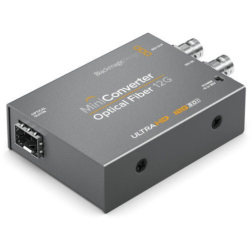 Mini Converter Optical Fiber 12G-SDI with power, front view showing coax and fiber ports