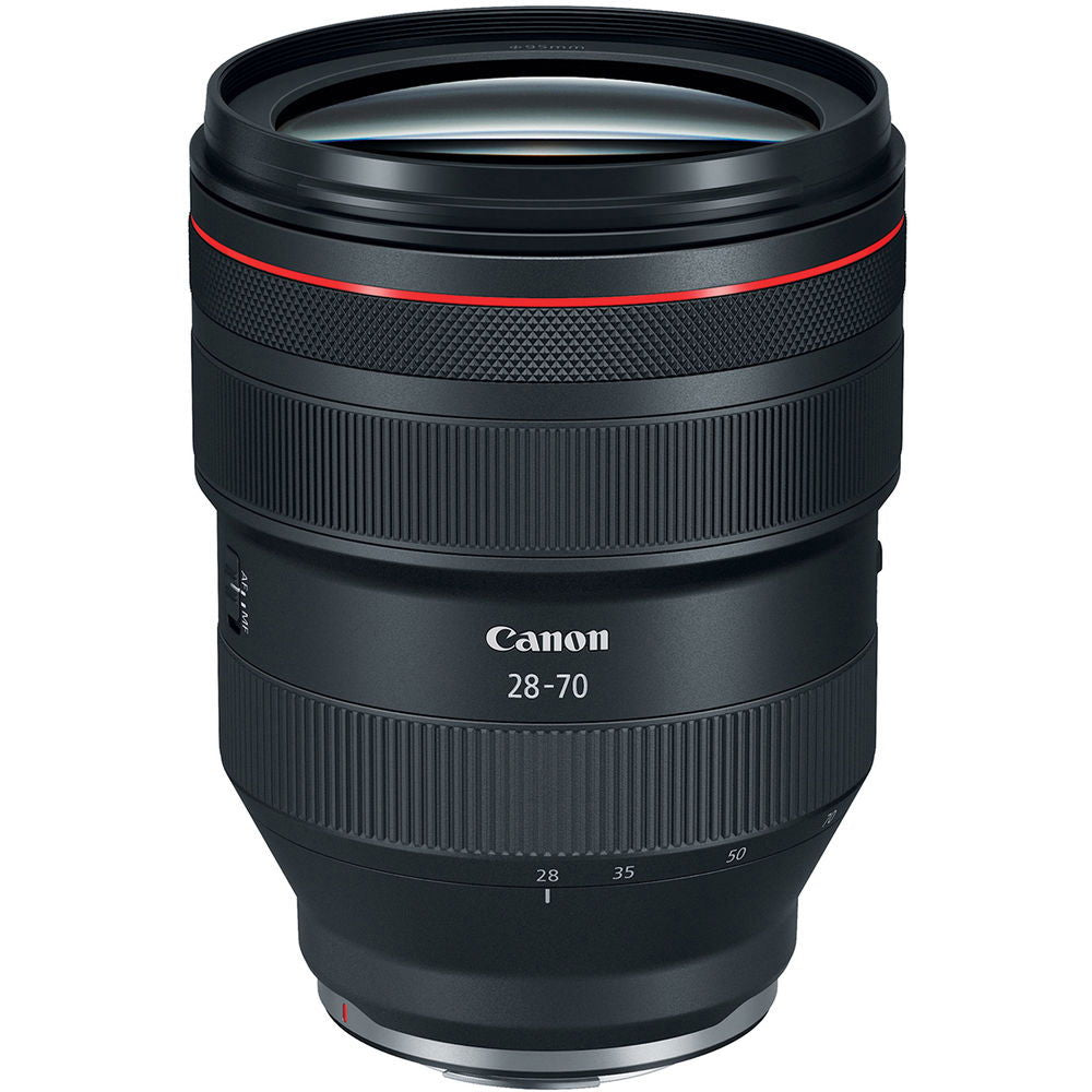 Black RF 28-70mm lens with textured grip and red accent ring on barrel