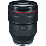 Black RF 28-70mm lens with textured grip and red accent ring on barrel