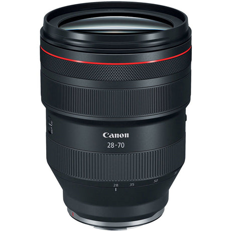 Obiectiv foto Canon RF 28-70mm, corp negru, inel cu textură și marcaje