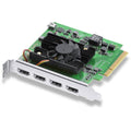 Quad HDMI capture card PCIe with black heatsink fan and four HDMI ports on bracket