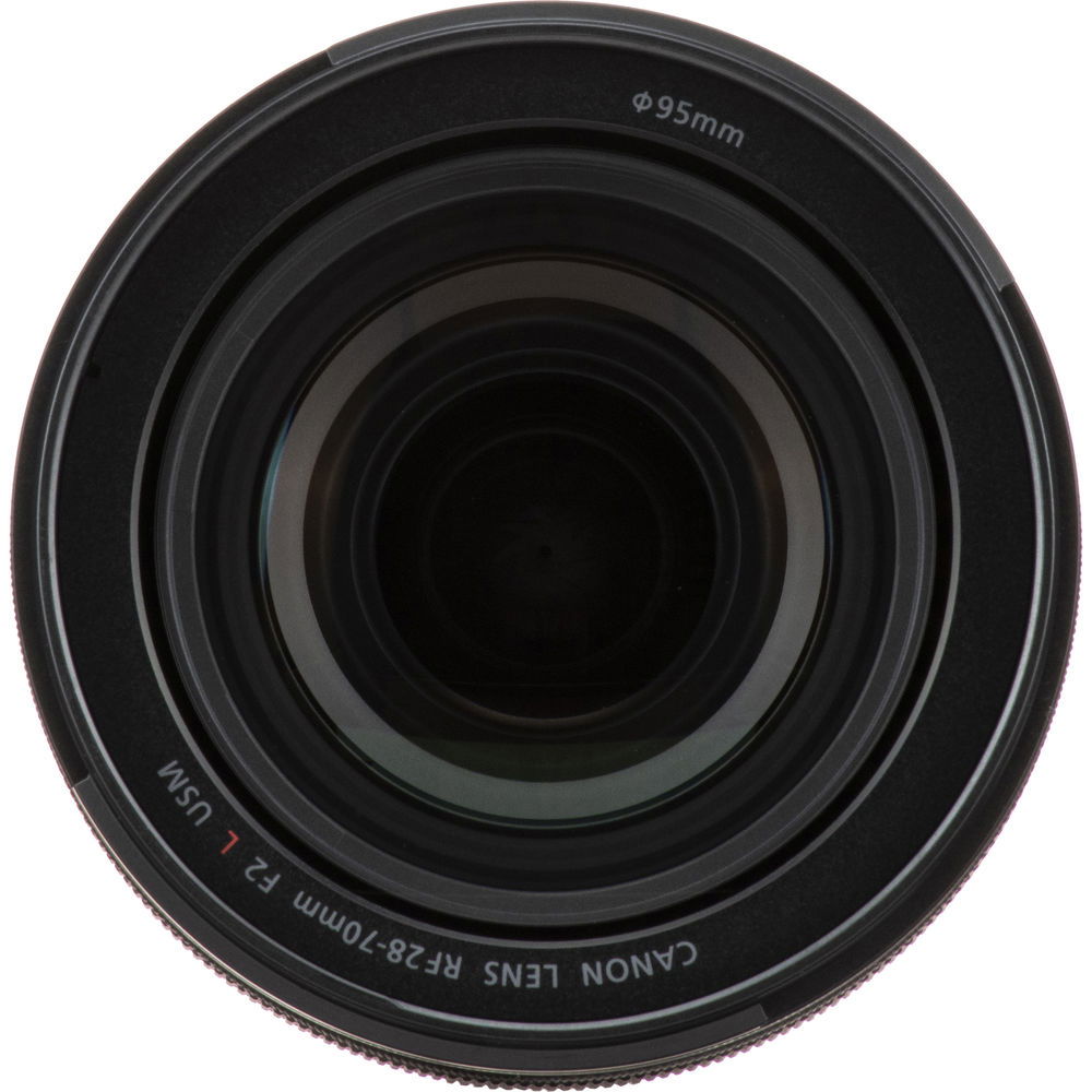 Close-up front element of black 28-70mm lens with glass reflections and front ring text