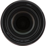 Close-up front element of black 28-70mm lens with glass reflections and front ring text