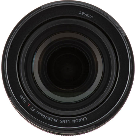 Obiectiv foto Canon RF 28-70mm, capac frontal cu sticlă neagră și inscripție
