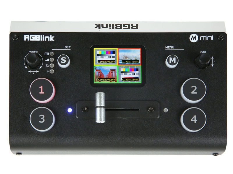 Mini video mixer with multi-view display and numbered control buttons