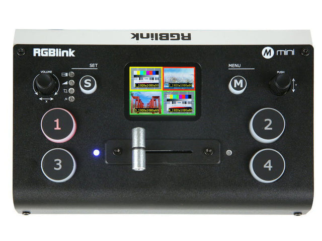 Mini video mixer with multi-view display and numbered control buttons