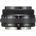 Black 50mm f/3.5 mirrorless lens with textured focus ring and engraved aperture scale