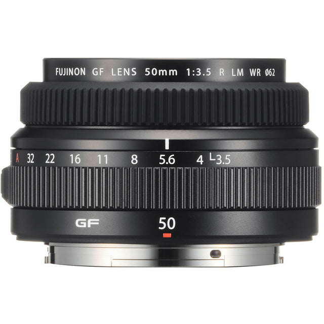 Black 50mm f/3.5 mirrorless lens with textured focus ring and engraved aperture scale