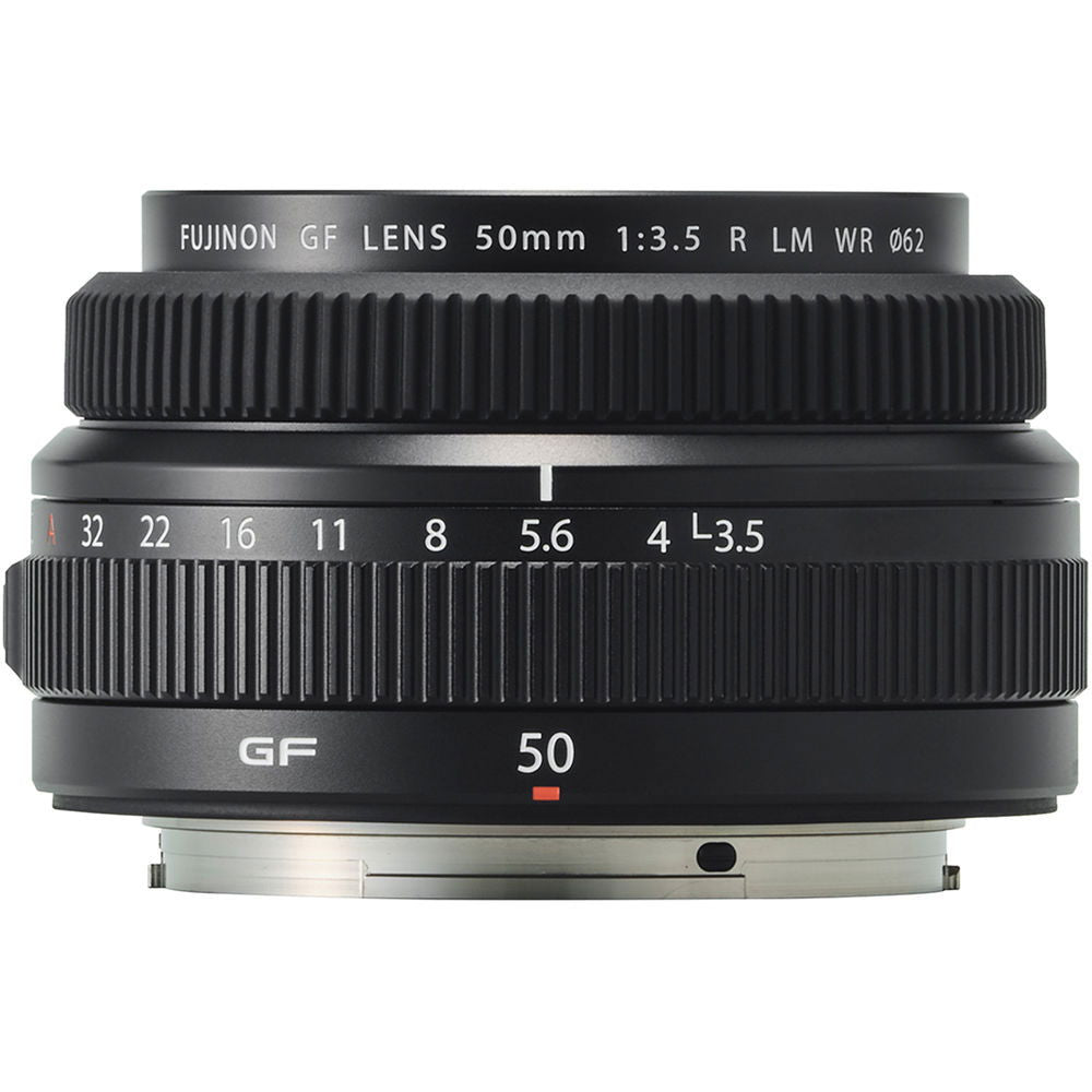 Black 50mm f/3.5 lens front view, ribbed rings and aperture markings on barrel