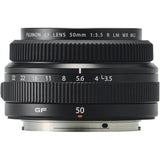 Black 50mm f/3.5 lens front view, ribbed rings and aperture markings on barrel