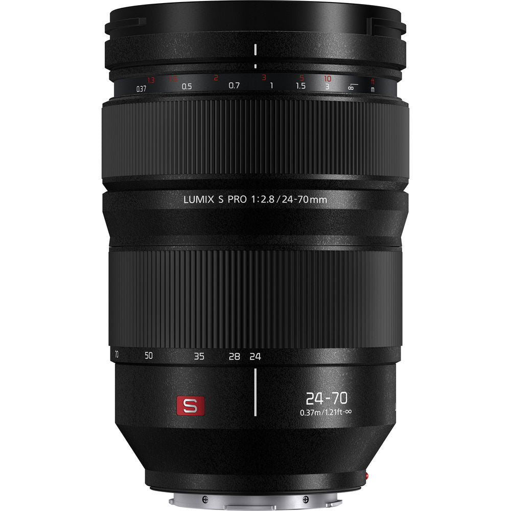 Lumix S Pro 24-70mm f/2.8 lens front view, black barrel with focus markings
