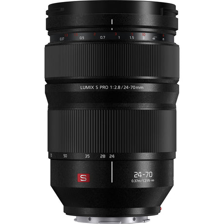 Lumix S Pro 24-70mm f/2.8 lens front view, black barrel with focus markings