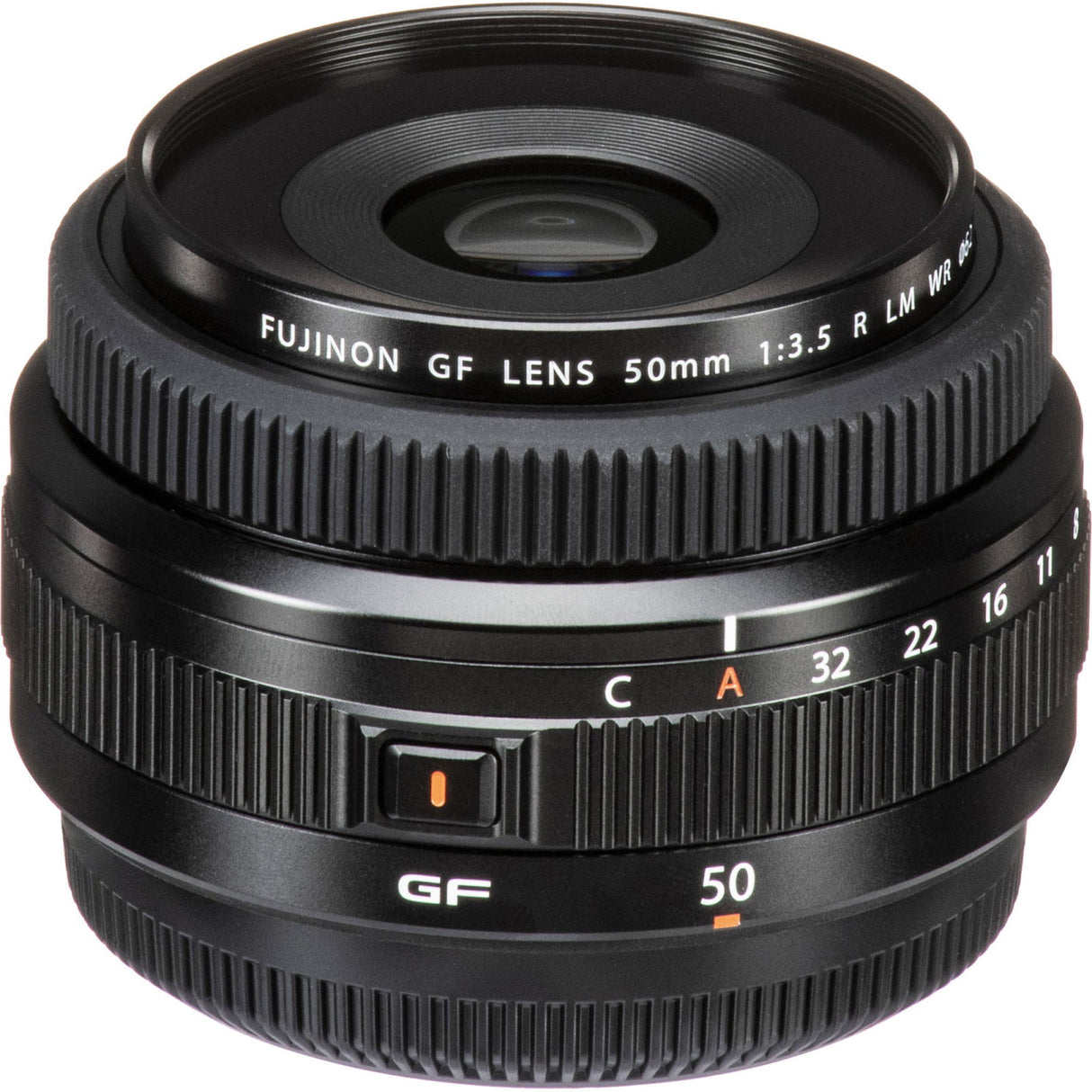 Black 50mm f/3.5 lens with C/A switch tab, ribbed barrel, and front element