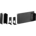 Black rack kit with long faceplate and mounting brackets, metal pieces with holes