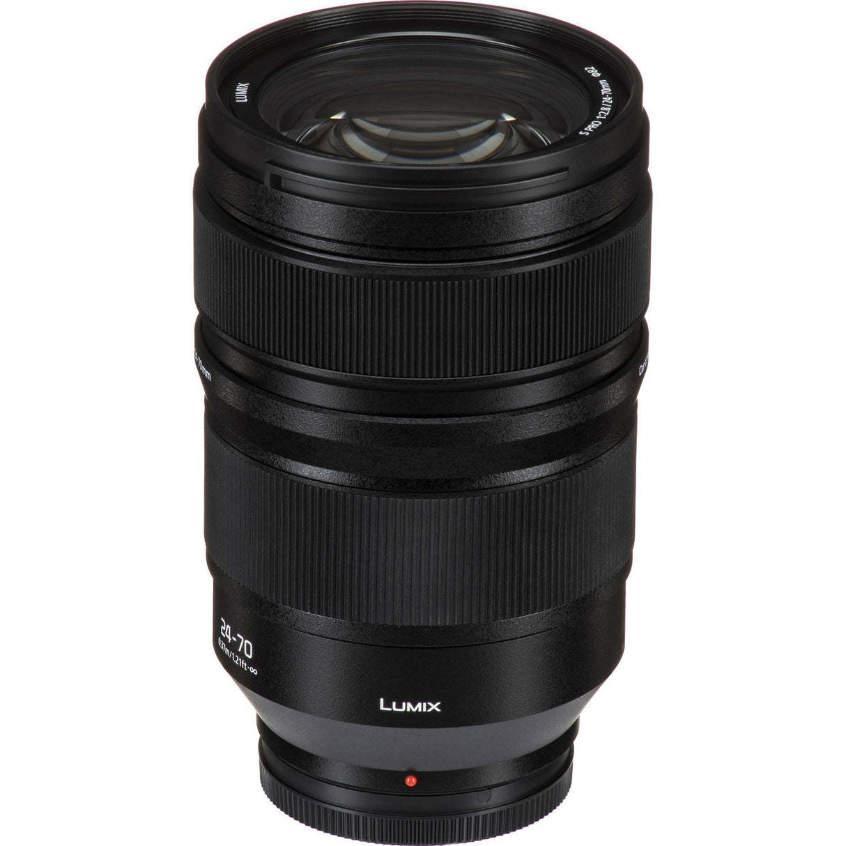 Lumix 24-70mm f/2.8 lens from above, black barrel with zoom and focus grooves
