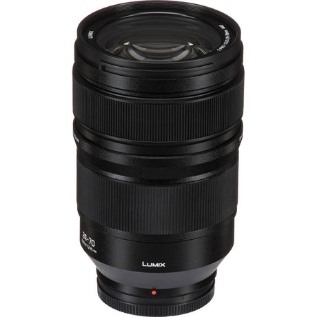 Lumix 24-70mm f/2.8 lens from above, black barrel with zoom and focus grooves