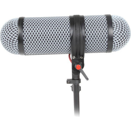 Protecție blimp shotgun 330mm, plasă gri cu curele negre și clapet roșu