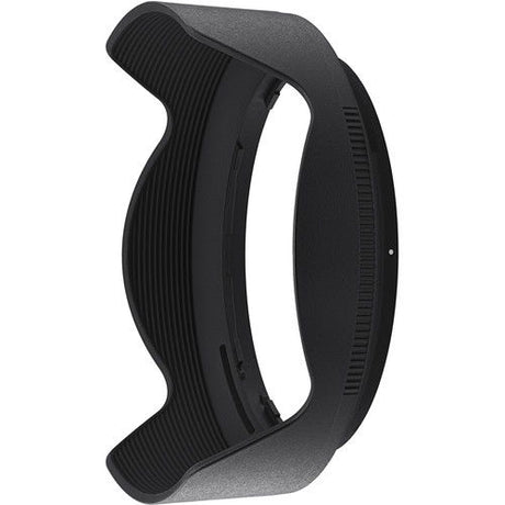 Black lens hood with ribbed edge and cutout grip