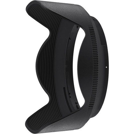 Black lens hood for 24-200mm zoom lens, side profile view