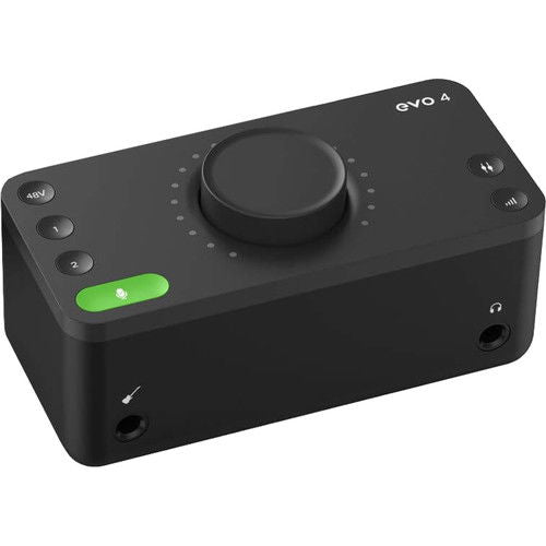 Black USB audio interface with top knob, buttons, and green status LED
