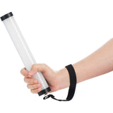 Hand holding cylindrical LED tube light with black wrist strap attached to end cap