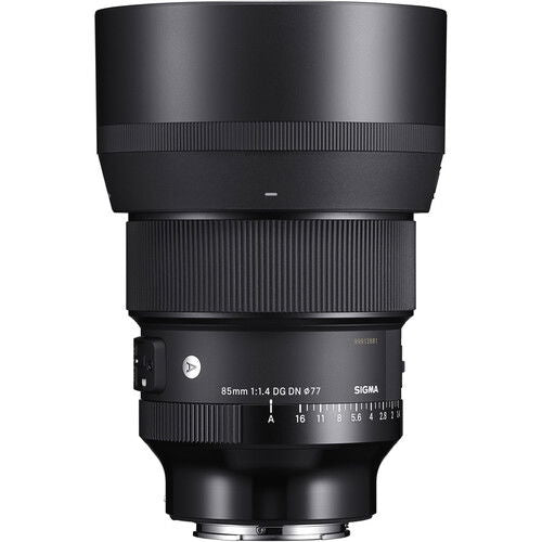 Black 85mm f/1.4 DG DN Art lens side view with focus/range markings