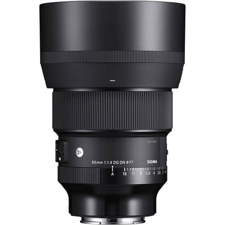 Black 85mm f/1.4 DG DN Art lens side view with focus/range markings