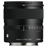 15mm f/1.4 DC DN lens with aperture/scale markings, textured focus ring