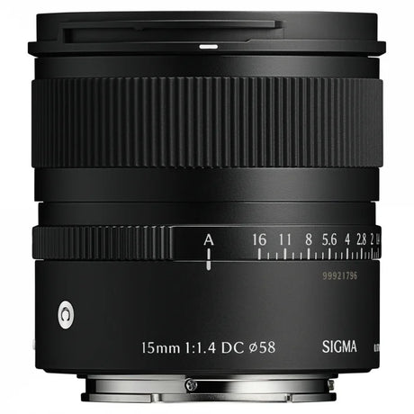 15mm f/1.4 DC DN lens with aperture/scale markings, textured focus ring
