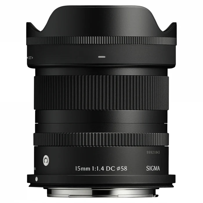 15mm f/1.4 DC DN lens body, ribbed focus ring and printed specs on barrel