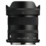 15mm f/1.4 DC DN lens body, ribbed focus ring and printed specs on barrel