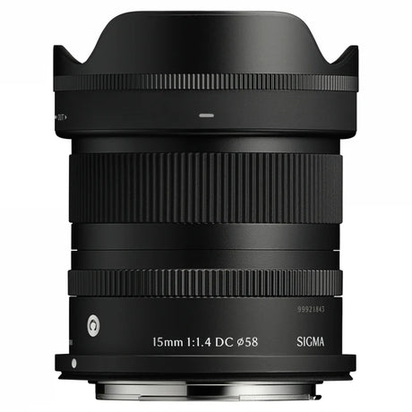 15mm f/1.4 DC DN lens body, ribbed focus ring and printed specs on barrel