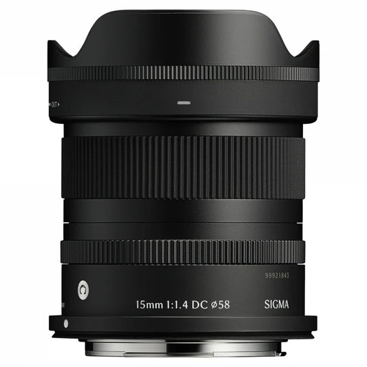 15mm f/1.4 DC DN lens body, ribbed focus ring and printed specs on barrel