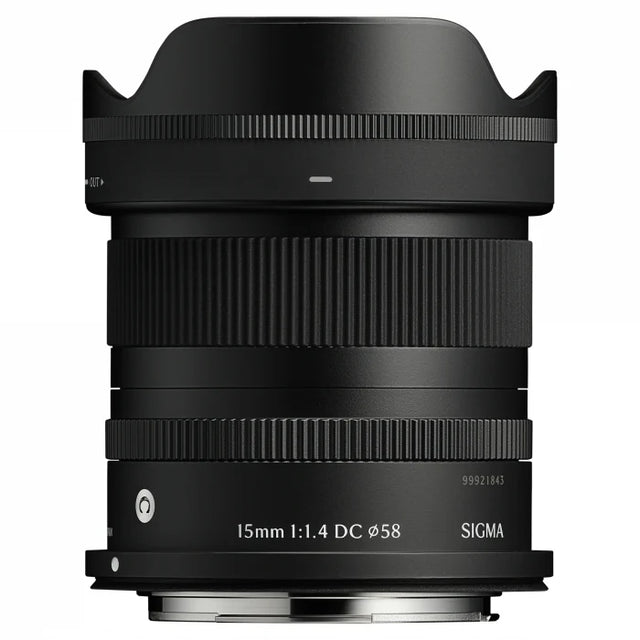 15mm f/1.4 DC DN lens body, ribbed focus ring and printed specs on barrel